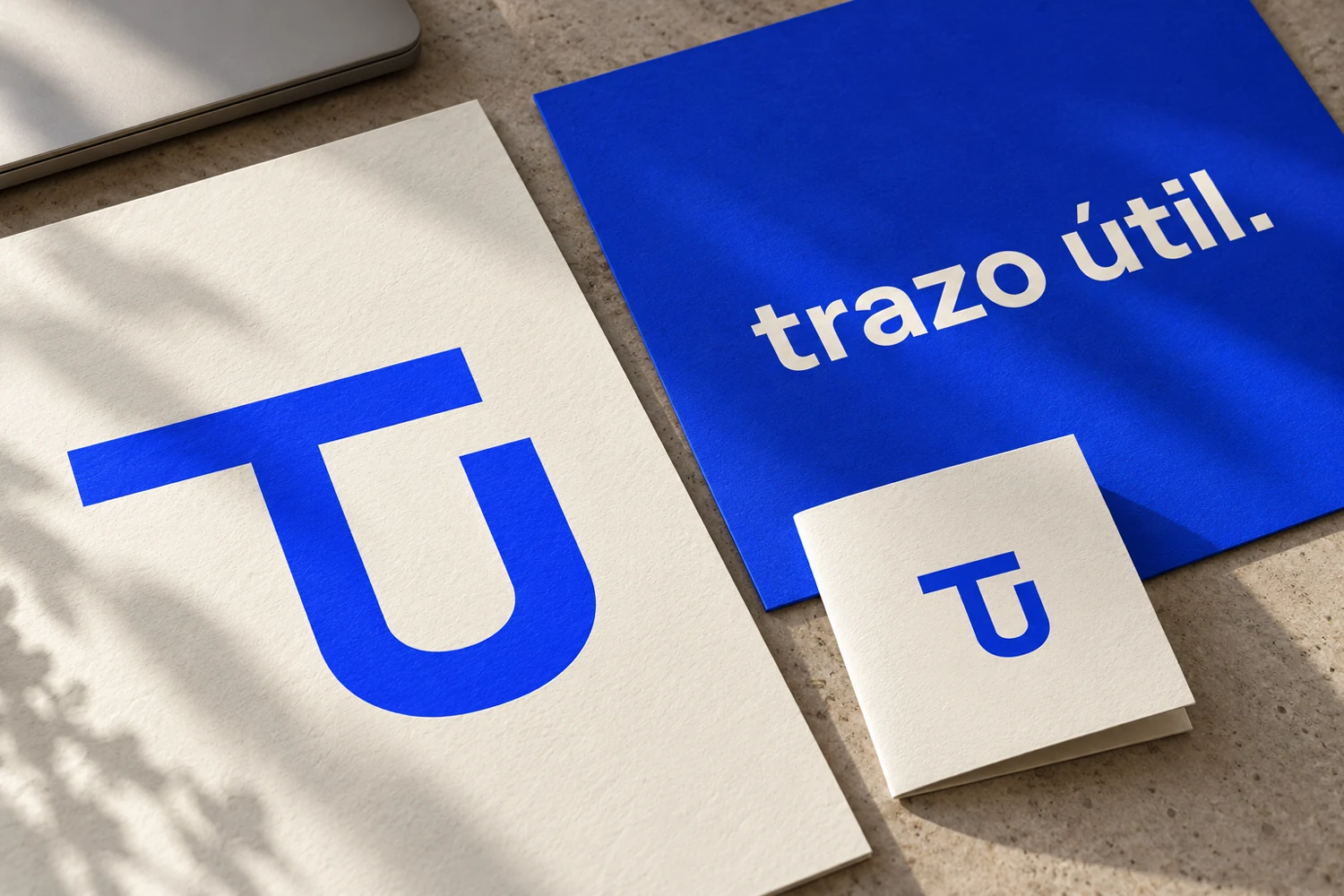 Aplicación visual de Trazo Útil: símbolo TU y logotipo en piezas impresas de papel y azul cobalto.